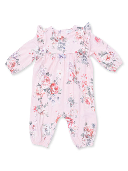 Ruffle Sleeve Romper, Painterly Rose Bouquets