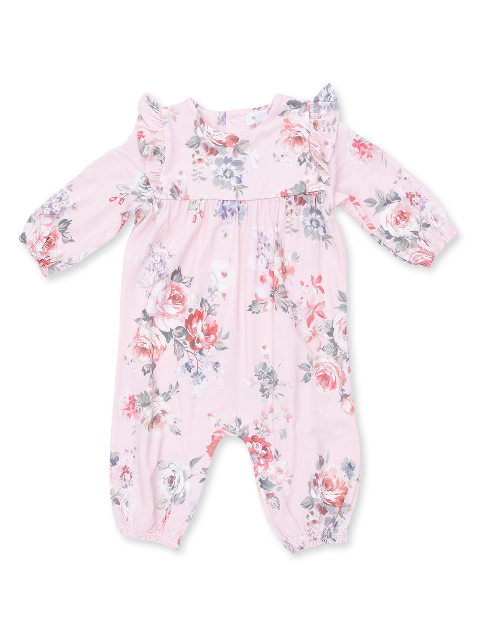 Pink floral baby romper featuring ruffled sleeves and an elasticized bottom for comfort and style.