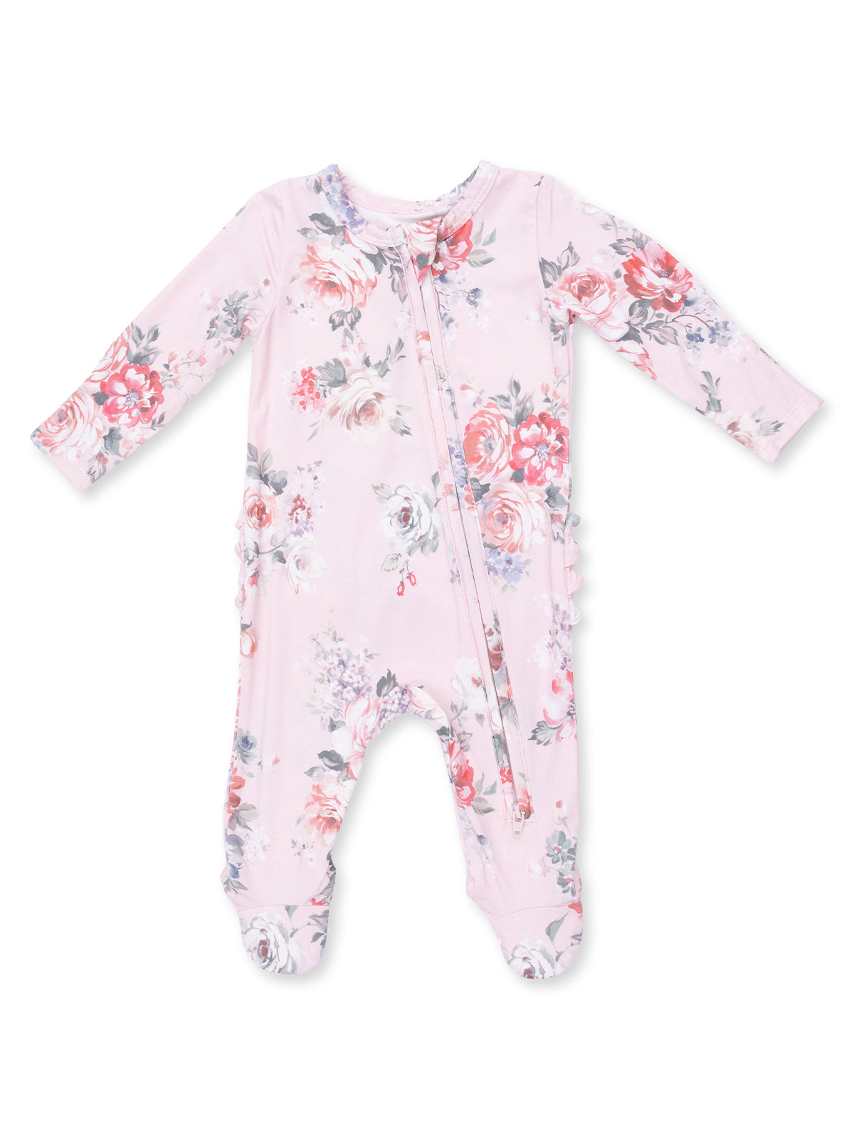 2-Way Zip Ruffle Footie, Painterly Rose Bouquets