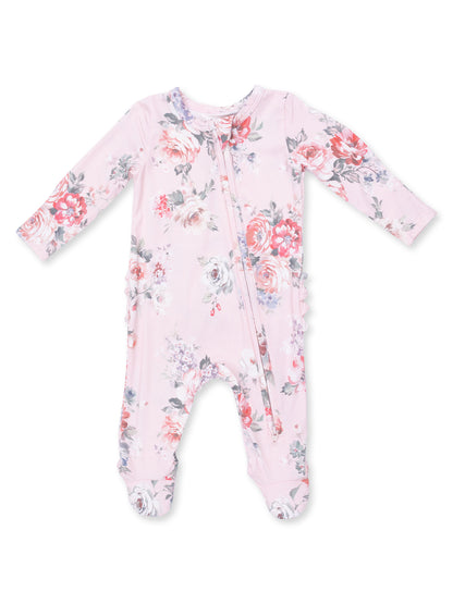 2-Way Zip Ruffle Footie, Painterly Rose Bouquets