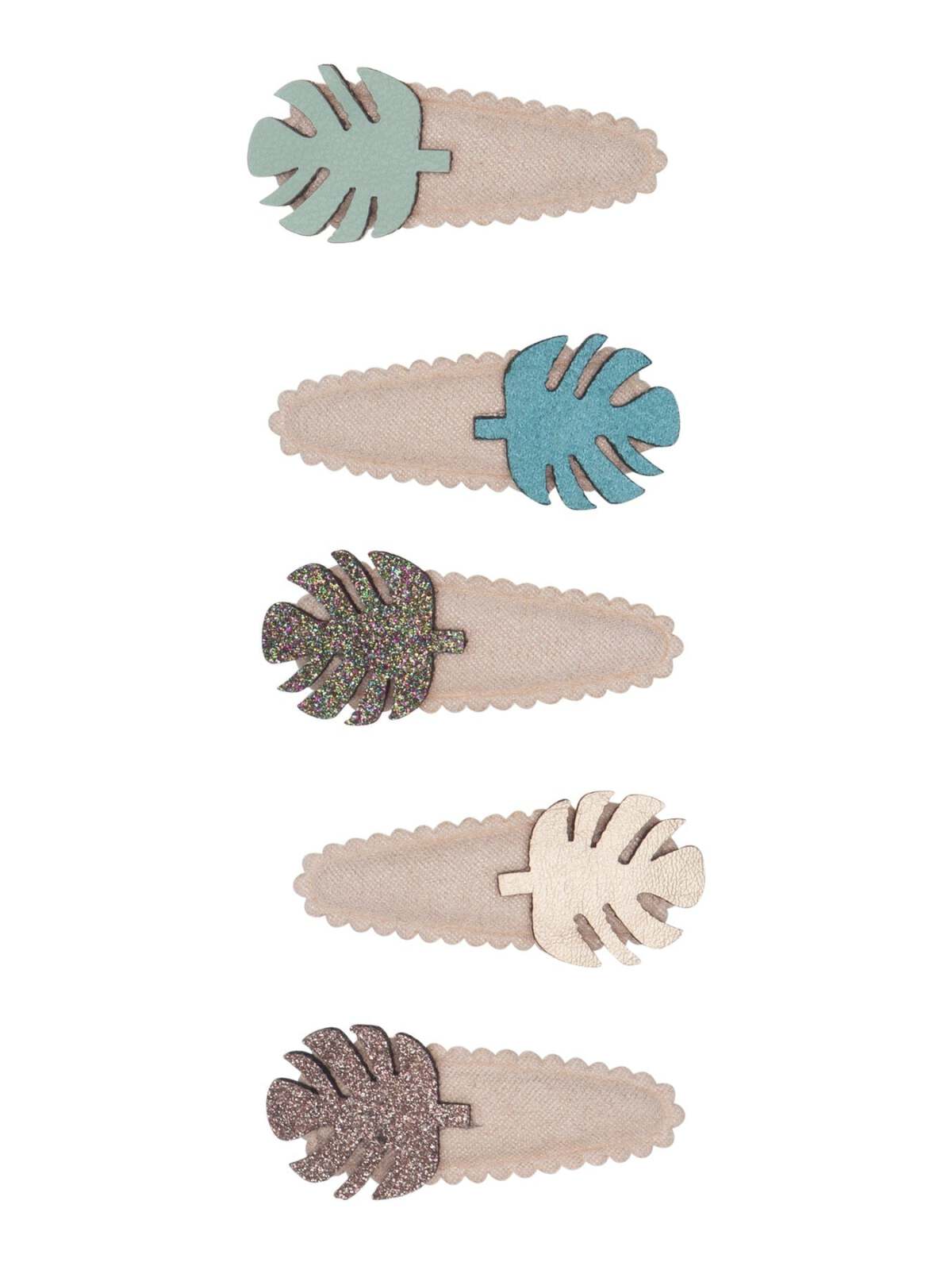 Five hair clips in various colors with leaf-shaped decorations on a beige background.
