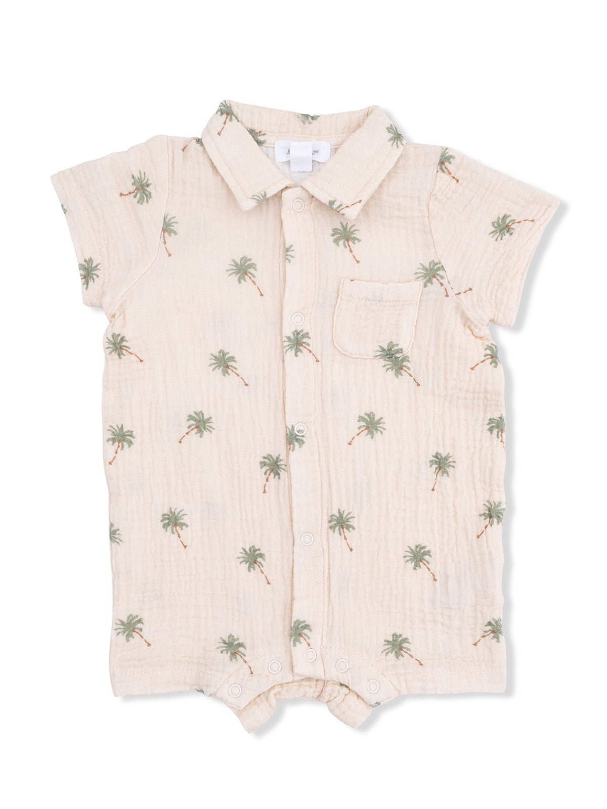 Light-colored infant romper with palm tree print and short sleeves.