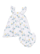 Girls' summer outfit with a sleeveless dress and matching bloomer, featuring a colorful cloud and sun print.