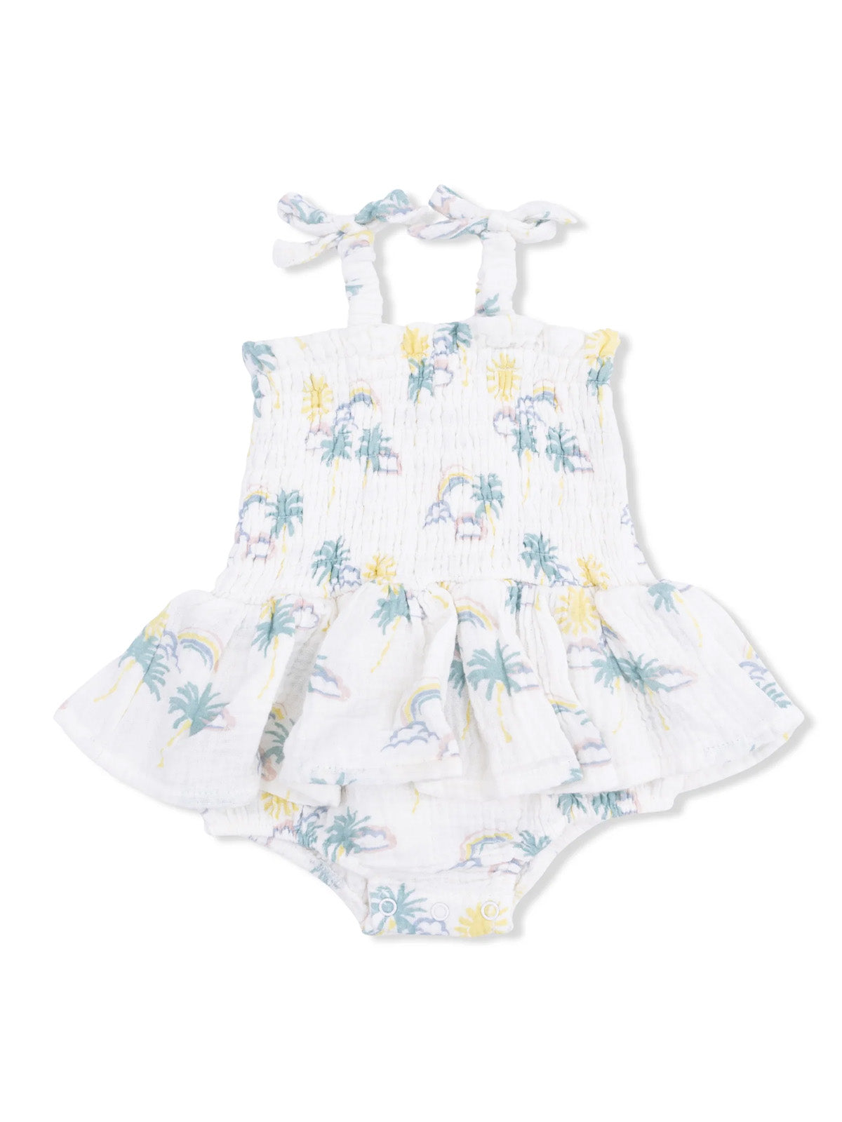 White dress with pastel palm tree and rainbow pattern, featuring straps and a flared skirt for toddlers.
