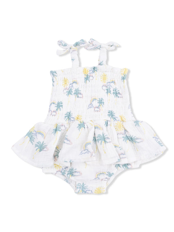 White dress with pastel palm tree and rainbow pattern, featuring straps and a flared skirt for toddlers.
