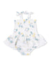 White dress with pastel palm tree and rainbow pattern, featuring straps and a flared skirt for toddlers.