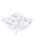 White sun hat with colorful palm trees, suns, and rainbows in a playful pattern. Ideal for sun protection.