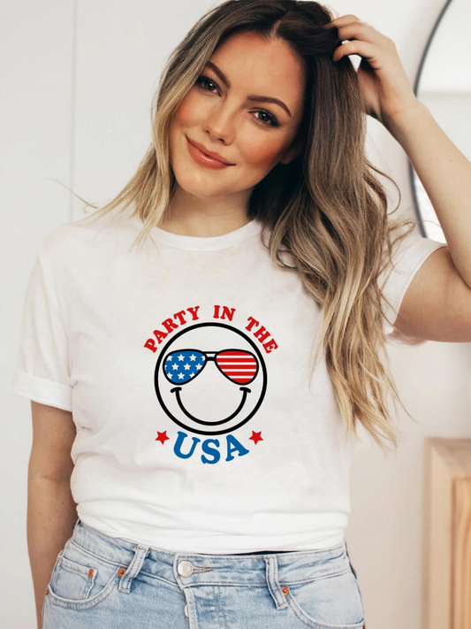 Party In The USA Happy Face Adult Graphic Tee, White