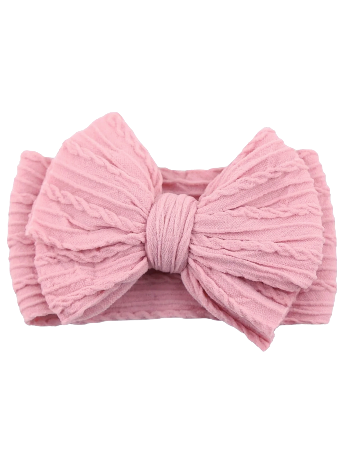 Pink textured bow hairband with a knotted center, perfect for adding a stylish touch to any outfit.