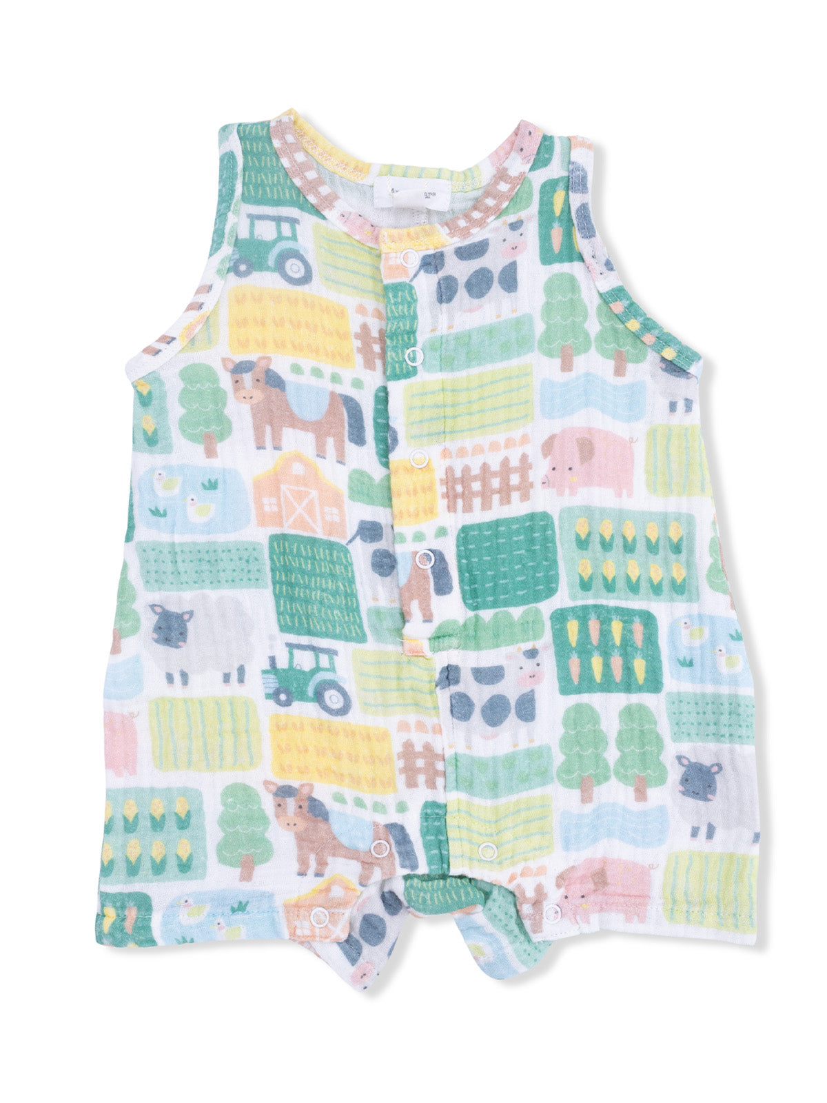 Colorful baby romper with farm animal prints, including cows, pigs, and tractors, in soft pastel colors.