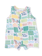 Colorful baby romper with farm animal prints, including cows, pigs, and tractors, in soft pastel colors.