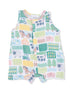 Colorful baby romper with farm animal prints, including cows, pigs, and tractors, in soft pastel colors.