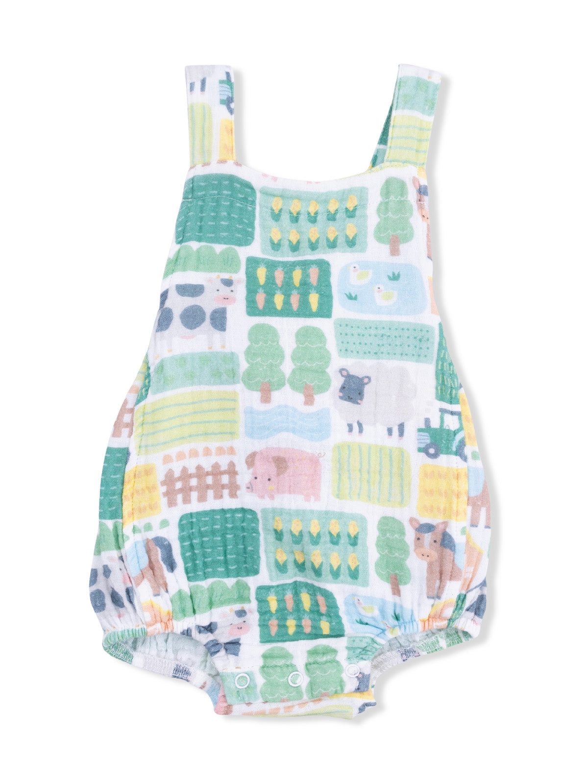 Colorful infant romper featuring farm animals and nature patterns in pastel shades.