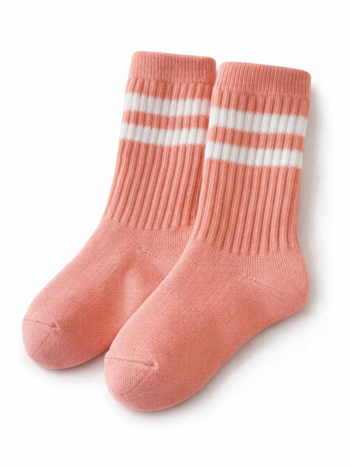 Pink toddler socks with white stripes, featuring a ribbed design and soft material. Perfect for casual wear.