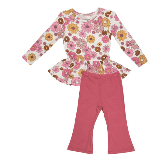 Peplum Top & Flare Pant Set, Pink Retro Floral