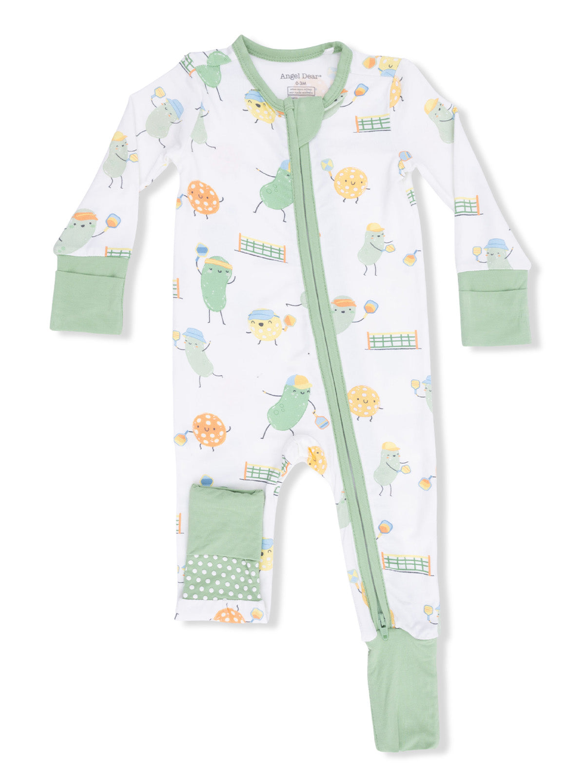 White baby onesie with playful green and yellow cartoon birds, featuring a zipper and mint green cuffs.