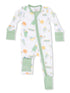 White baby onesie with playful green and yellow cartoon birds, featuring a zipper and mint green cuffs.