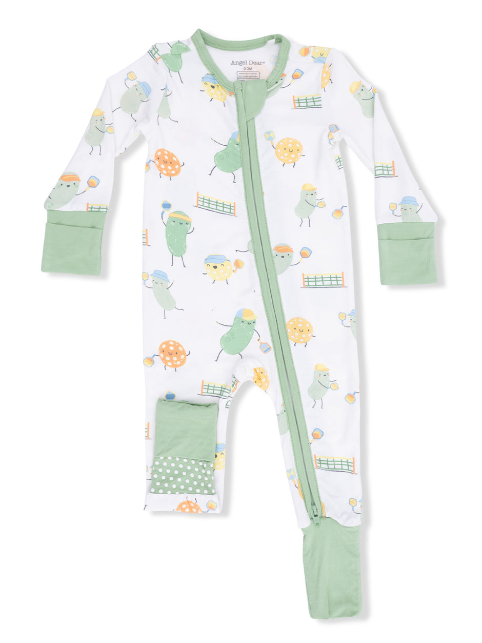 White baby onesie with playful green and yellow cartoon birds, featuring a zipper and mint green cuffs.