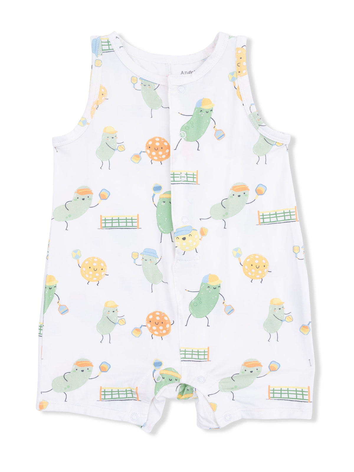 Lightweight sleeveless romper with playful pickle and ball patterns in pastel colors. Ideal for warm weather wear.