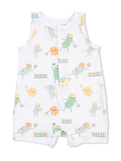 Lightweight sleeveless romper with playful pickle and ball patterns in pastel colors. Ideal for warm weather wear.