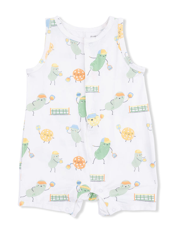 Lightweight sleeveless romper with playful pickle and ball patterns in pastel colors. Ideal for warm weather wear.