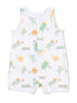 Lightweight sleeveless romper with playful pickle and ball patterns in pastel colors. Ideal for warm weather wear.