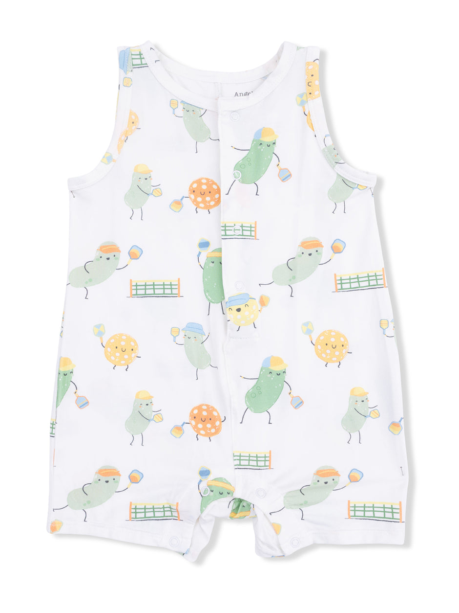 Lightweight sleeveless romper with playful pickle and ball patterns in pastel colors. Ideal for warm weather wear.