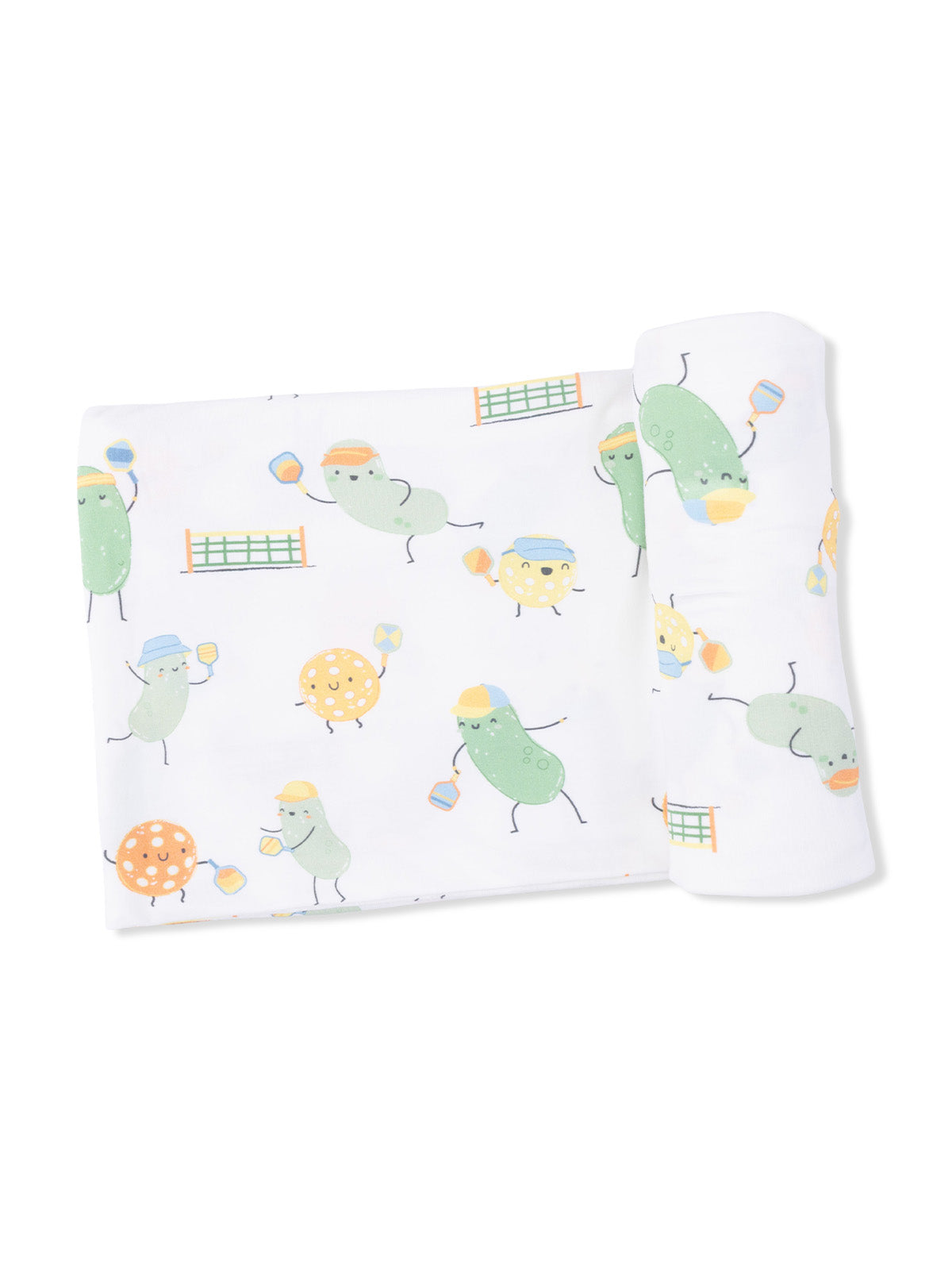 Colorful blanket featuring playful cartoon vegetables engaging in sports activities.