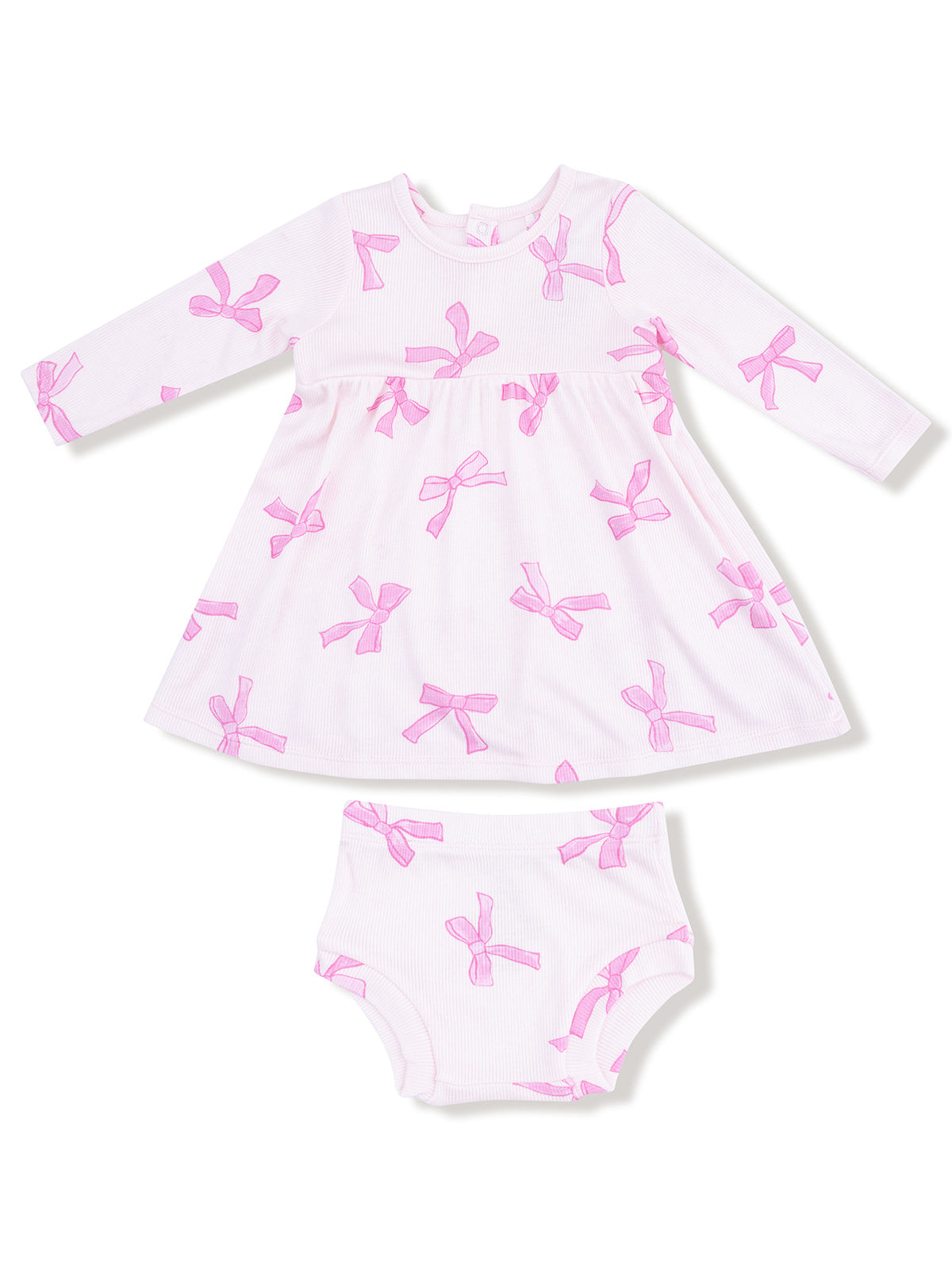 Pink bow-patterned baby dress with matching bloomers, featuring long sleeves and a round neckline.