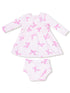 Pink bow-patterned baby dress with matching bloomers, featuring long sleeves and a round neckline.