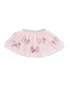Pink tutu skirt with shiny pink bow embellishments and elastic waistband. Perfect for dress-up or special occasions.