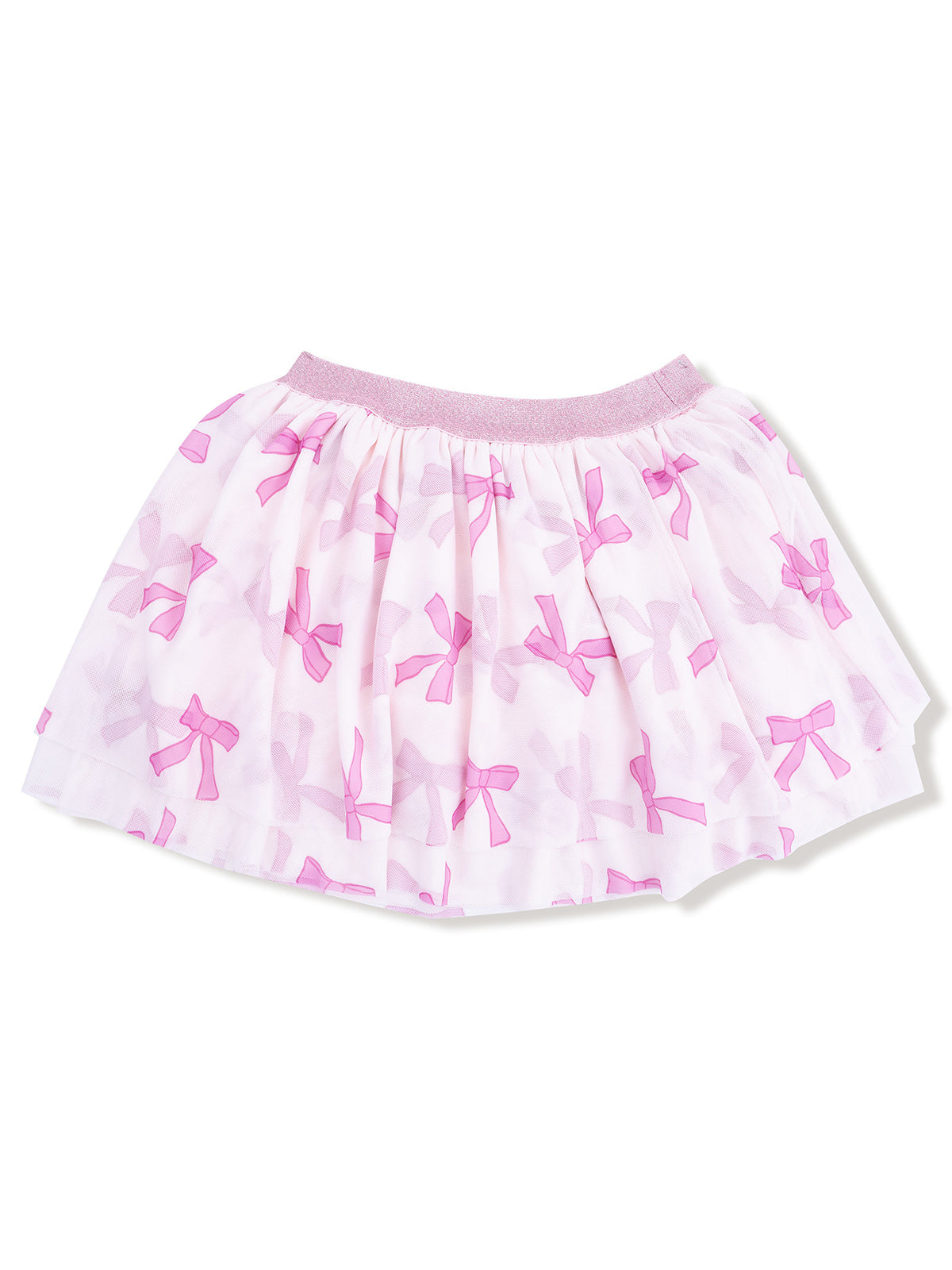 Pink tulle skirt with a layered design and repeating bow pattern, featuring a soft, elastic waistband.