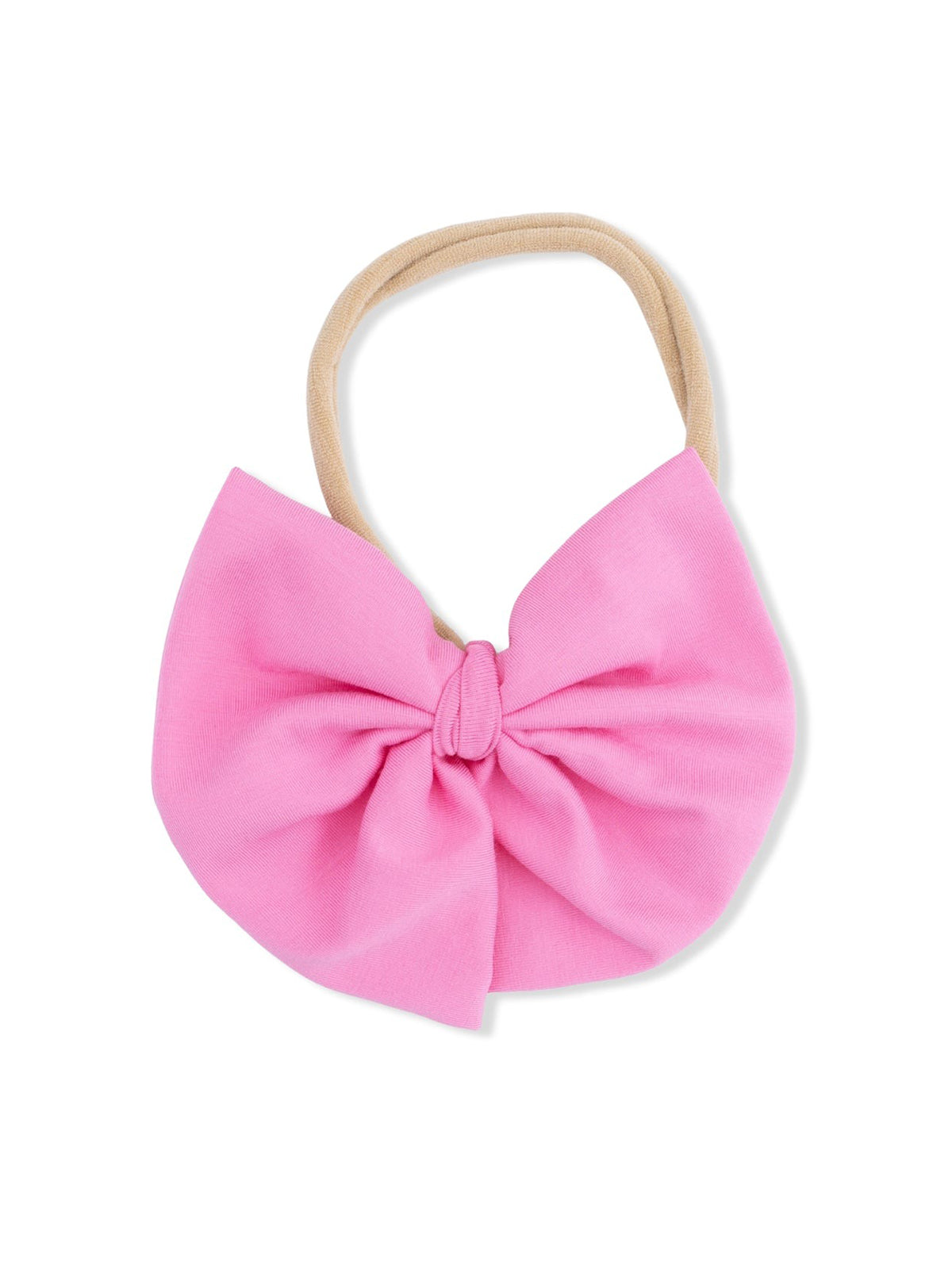 Pink fabric bow hairband with a beige elastic band. Ideal for children's hairstyles and fashion accessories.