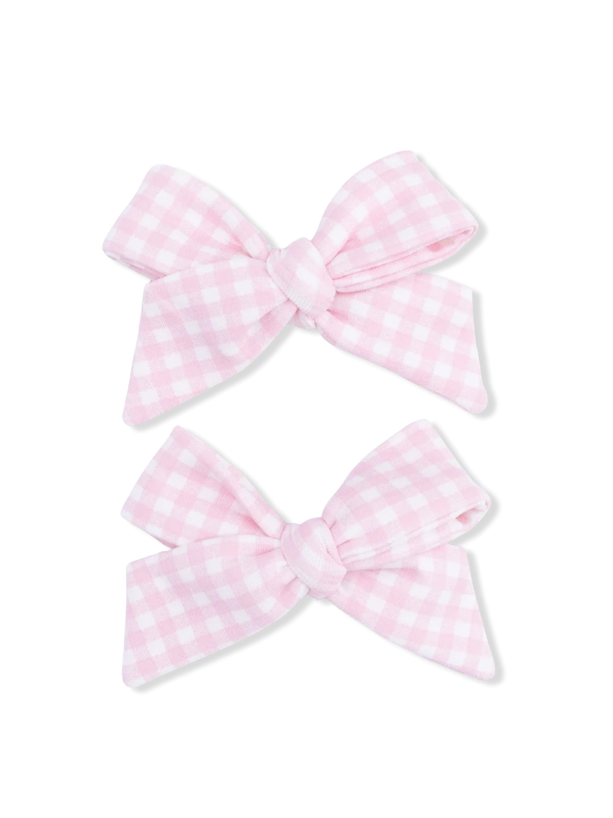 Two pink gingham hair bows tied in loops, showcasing a classic checkered pattern.