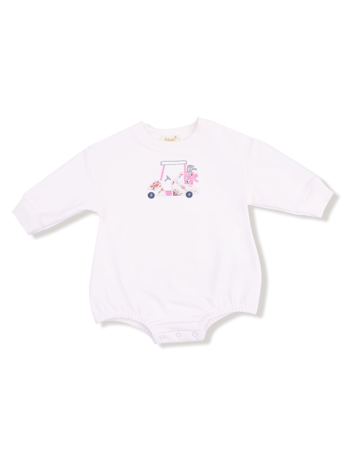 White baby bodysuit featuring a colorful graphic of a golf cart with flowers and accessories.
