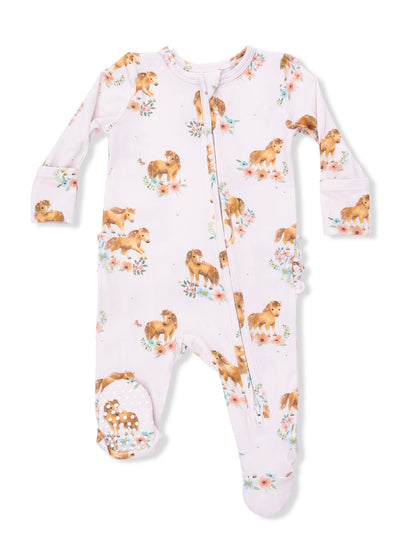 Light pink onesie with horse prints and floral accents, featuring a front zip and ruffled details on sleeves.