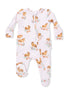 Light pink onesie with horse prints and floral accents, featuring a front zip and ruffled details on sleeves.