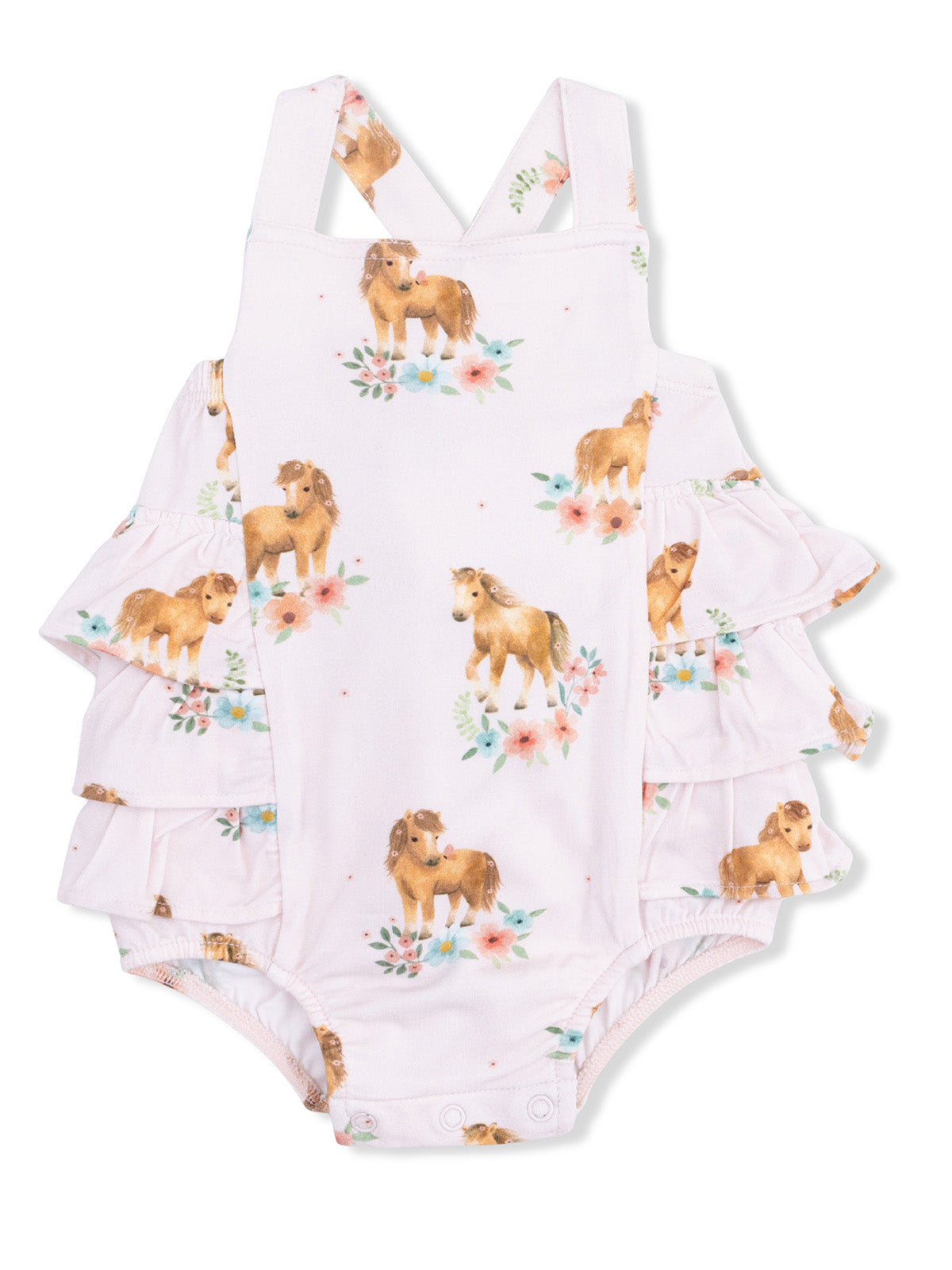 Light pink baby romper with horse prints and floral accents, featuring ruffled sleeves and snap closure.
