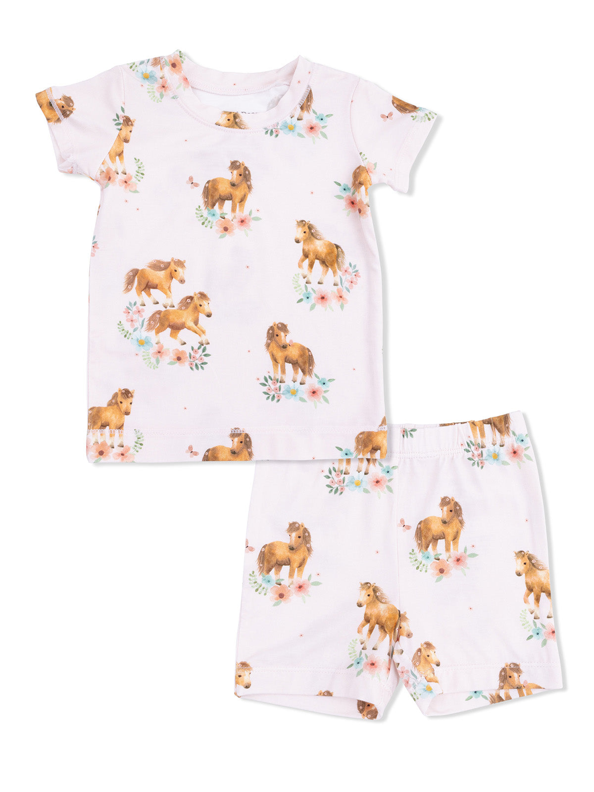 Kids’ two-piece pajama set featuring a playful horse and floral print on a light pink background.