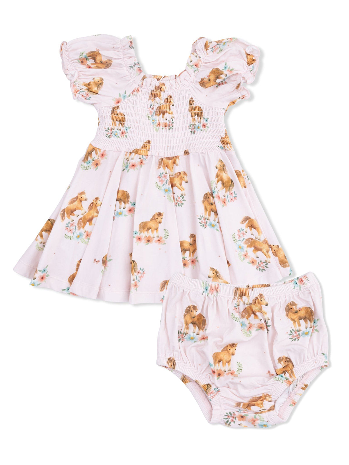 Pink dress with ruffled sleeves and shorts featuring playful animal and floral patterns.
