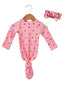 Organic Waffle Knotted Gown & Bow Set, Little Red Heart (on Pink)