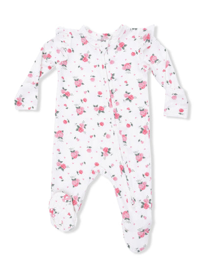 White floral baby onesie with pink roses and ruffles, featuring a front zipper and footed design.