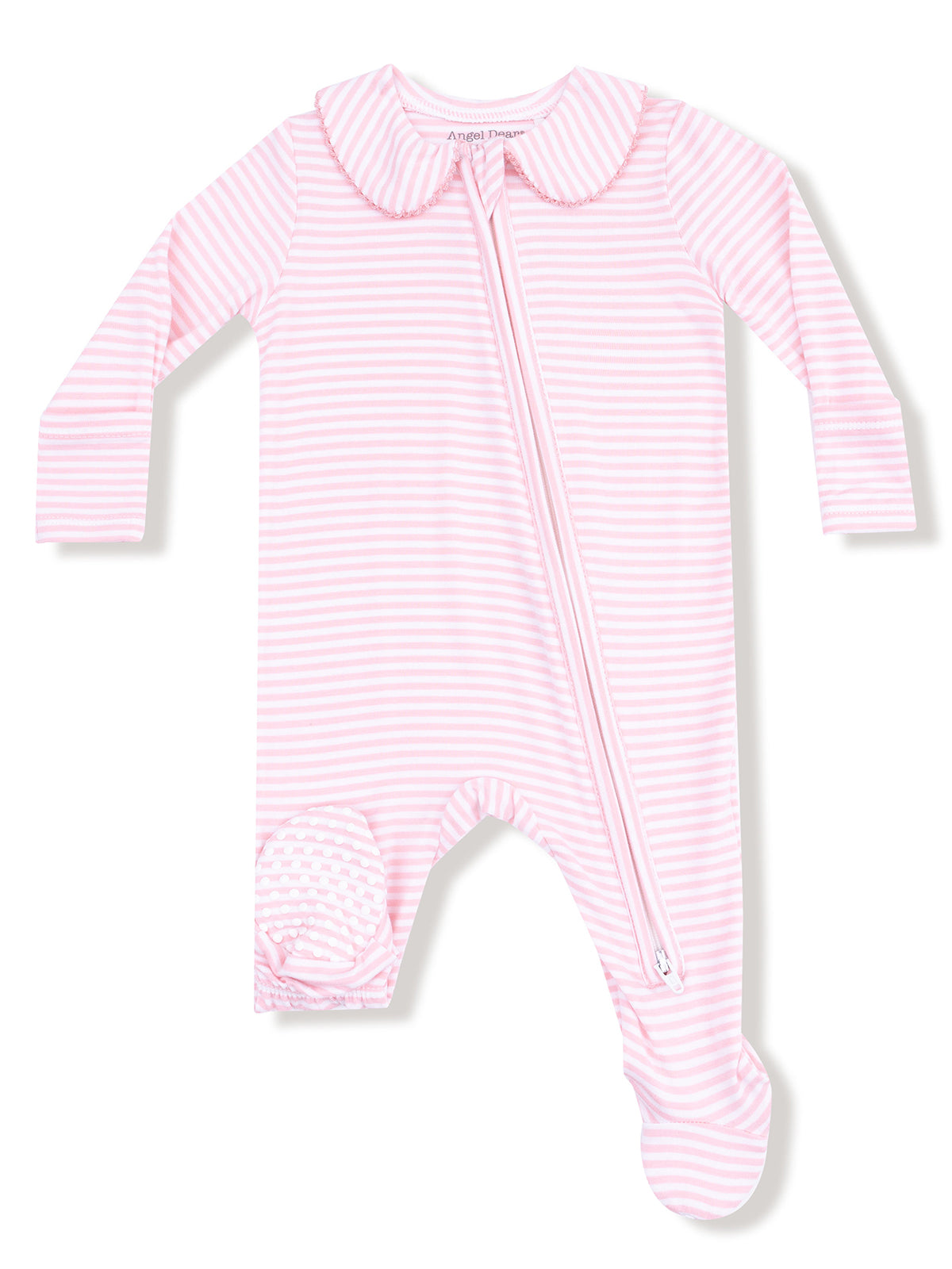 Pink and white striped baby onesie with a collar and front zipper closure. Soft fabric for newborn comfort.