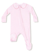 Pink and white striped baby onesie with a collar and front zipper closure. Soft fabric for newborn comfort.