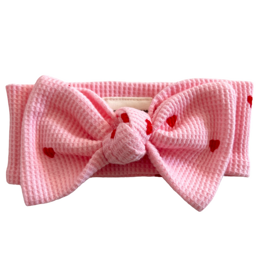 Organic Waffle Knot Bow, Little Red Heart (on Pink)