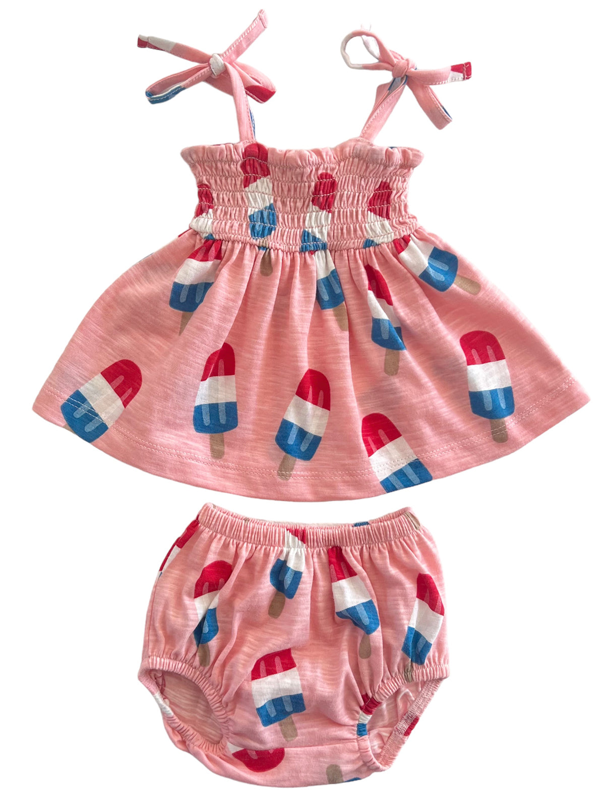 Pink dress and diaper set featuring colorful popsicle prints, perfect for a sunny day.