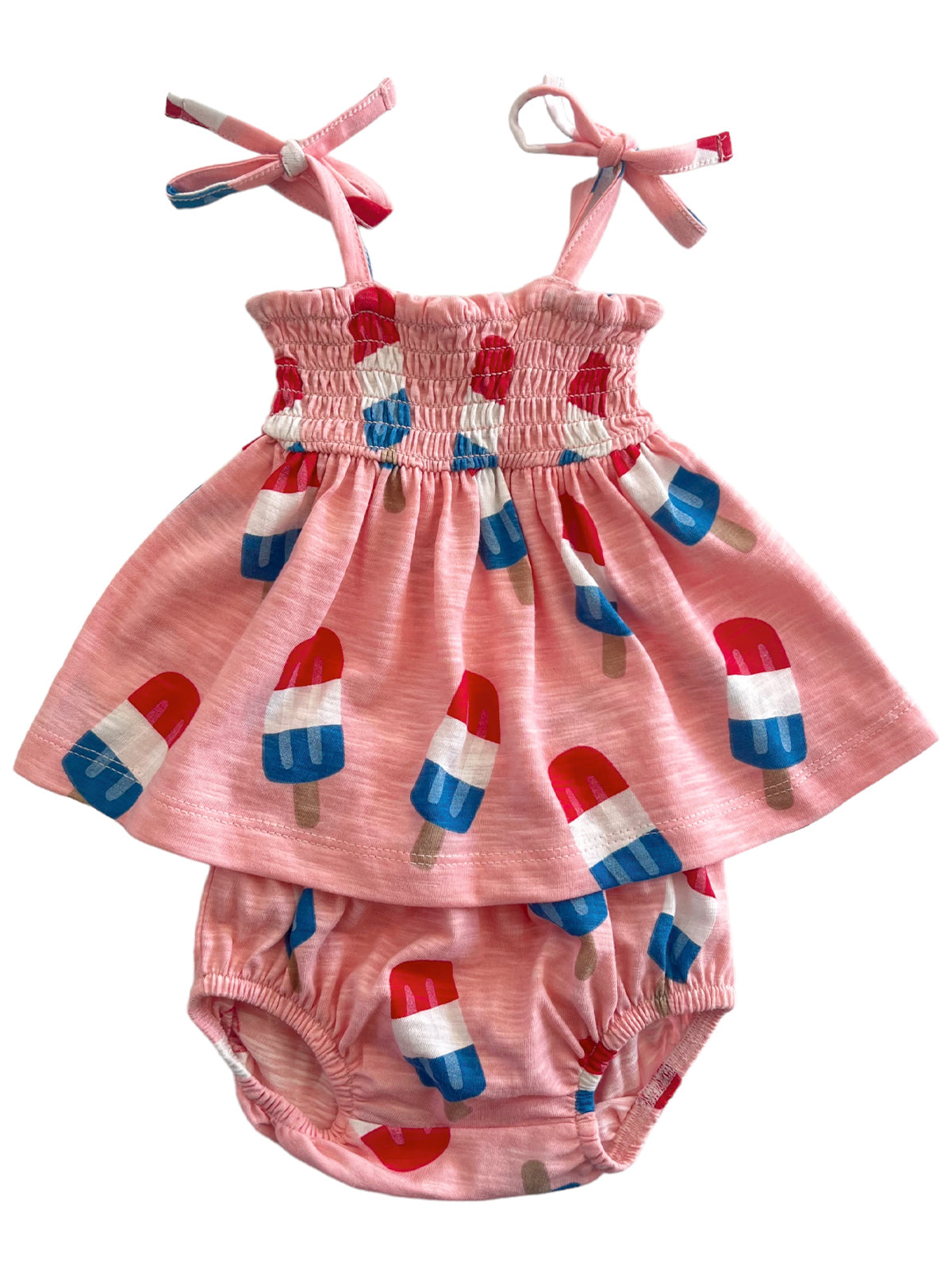 Pink toddler dress with ice cream popsicle print and matching shorts, featuring adjustable straps. Perfect for summer fun.