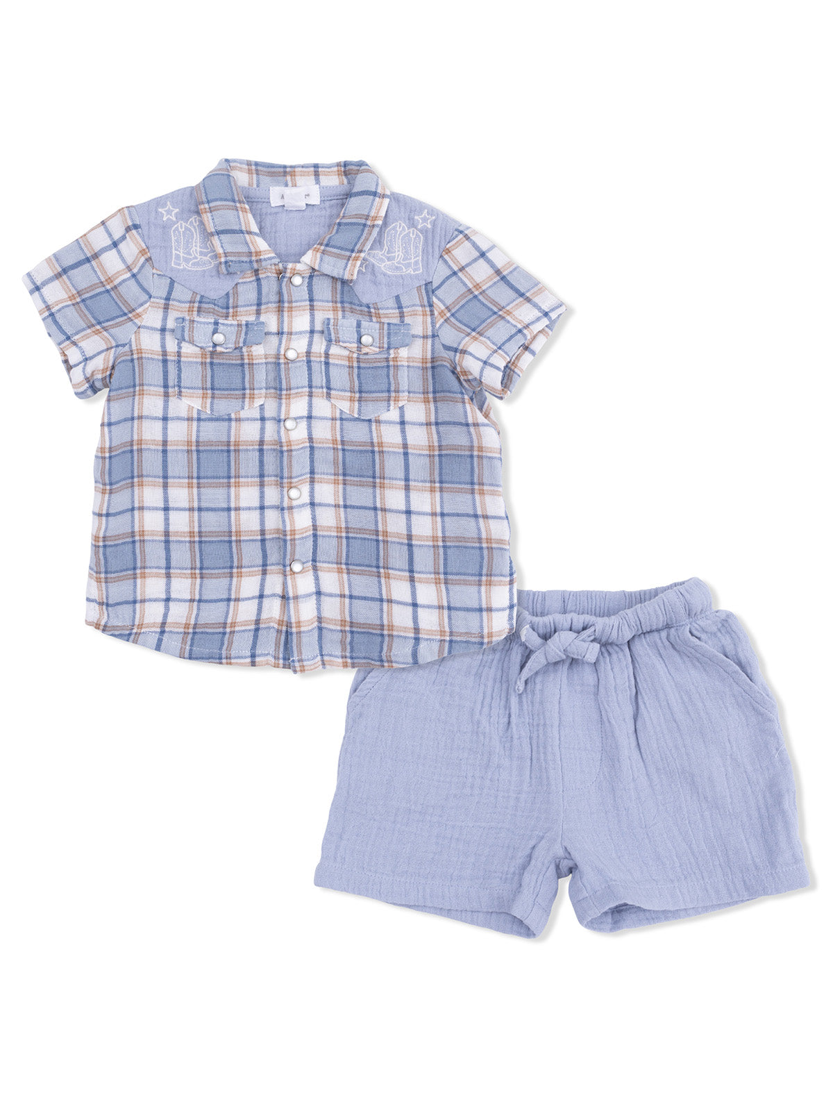 Blue plaid shirt with pockets and light blue shorts, perfect for casual summer wear.