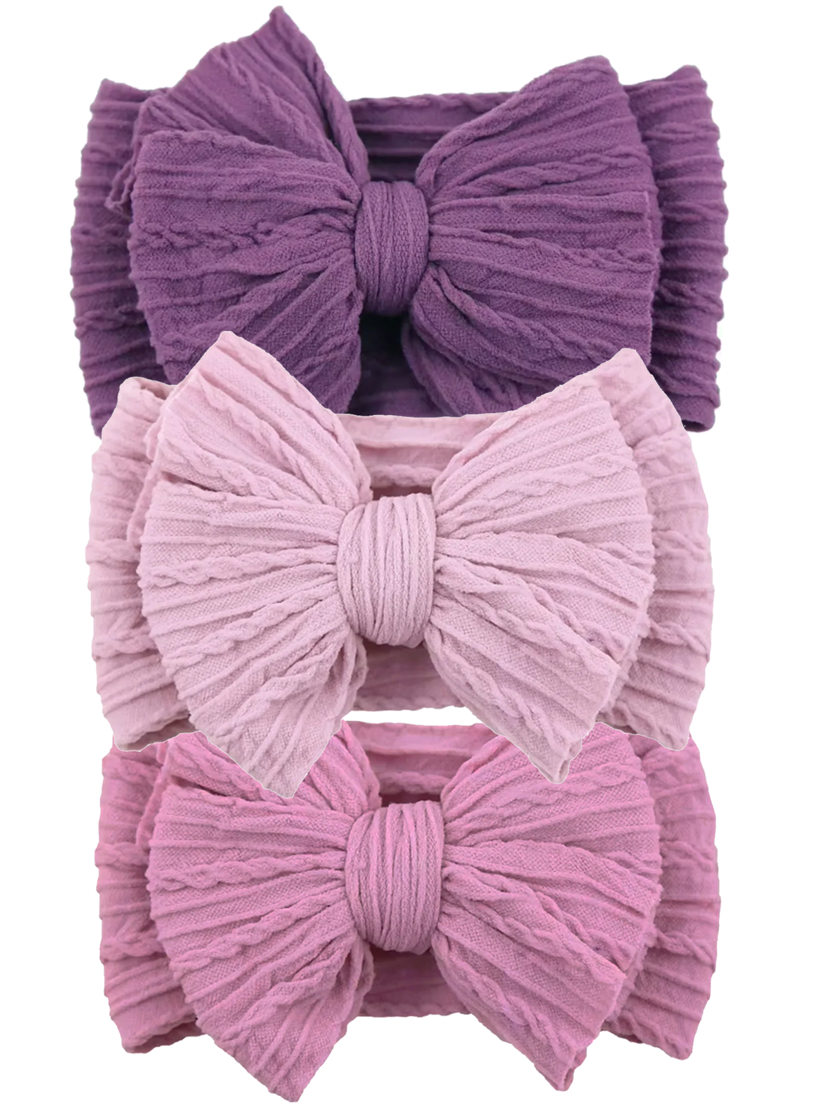 Three textured fabric hair bows in shades of purple and pink displayed on a light background.