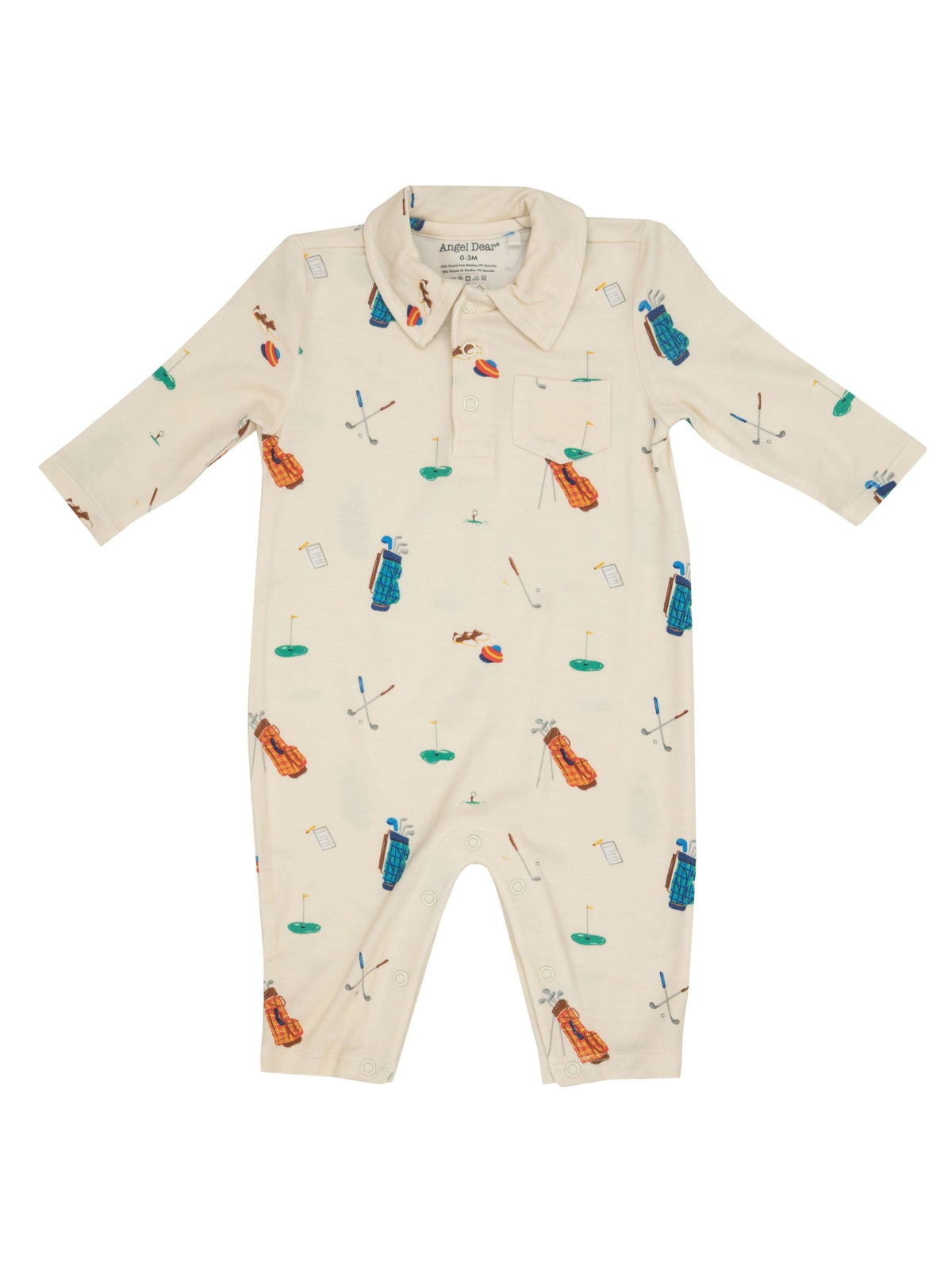 Beige baby onesie with golf-themed patterns, featuring clubs, balls, and greens. Ideal for young golf enthusiasts.